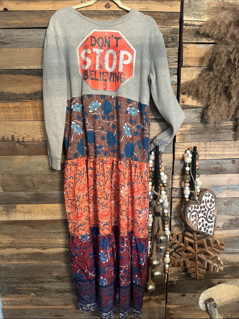 Don't Stop Believing Grey Sweatshirt Maxi Dress boho upcycle m-xl